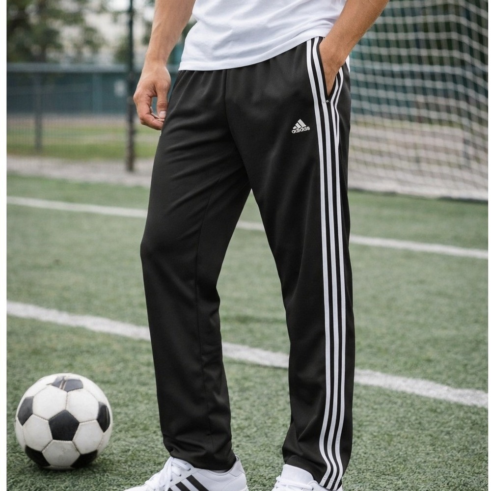 adidas Track Pants Mens Sz M Black 3 Stripe Y2K 2008 Drawstring Athletic Soccer